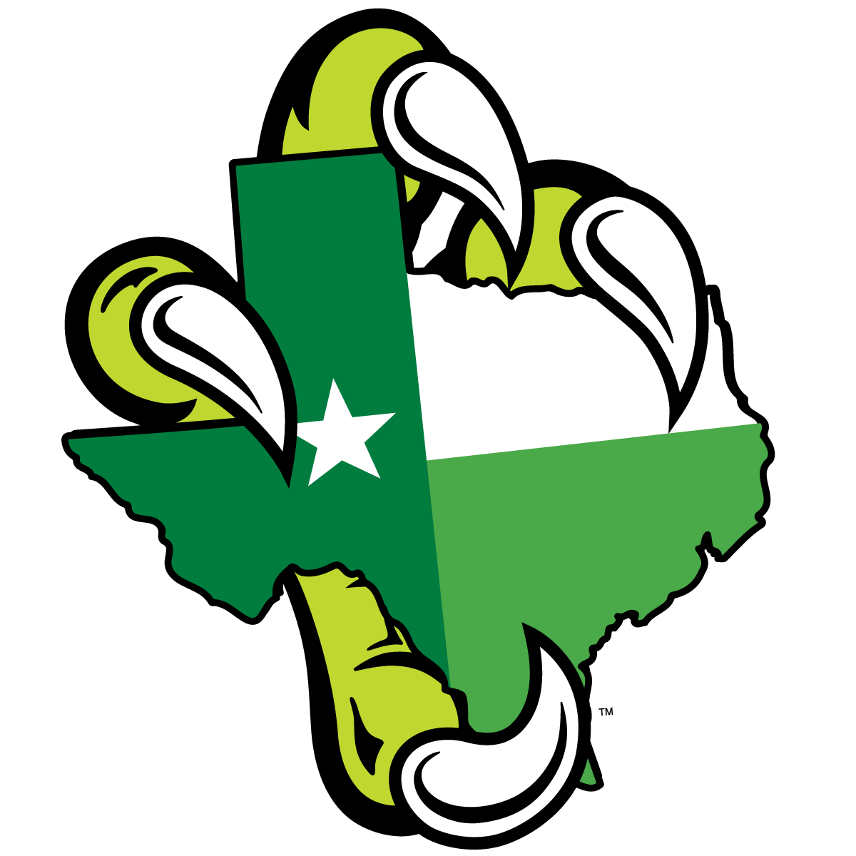 A chartreuse eagle claw holding the UNT battle flag in the shape of Texas